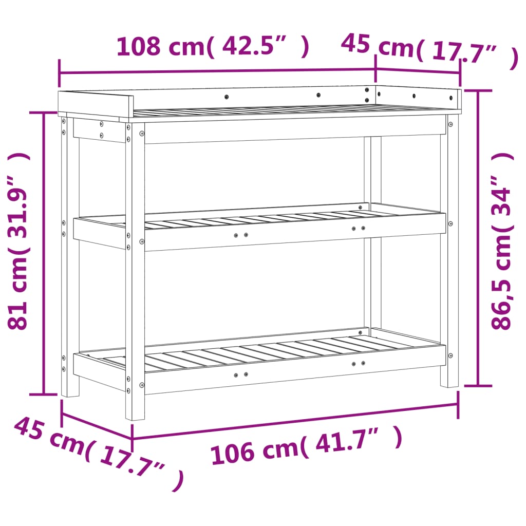 vidaXL Τραπέζι Κηπουρικής με Ράφια 108x45x86,5 εκ. Μασίφ Ξύλο Πεύκου