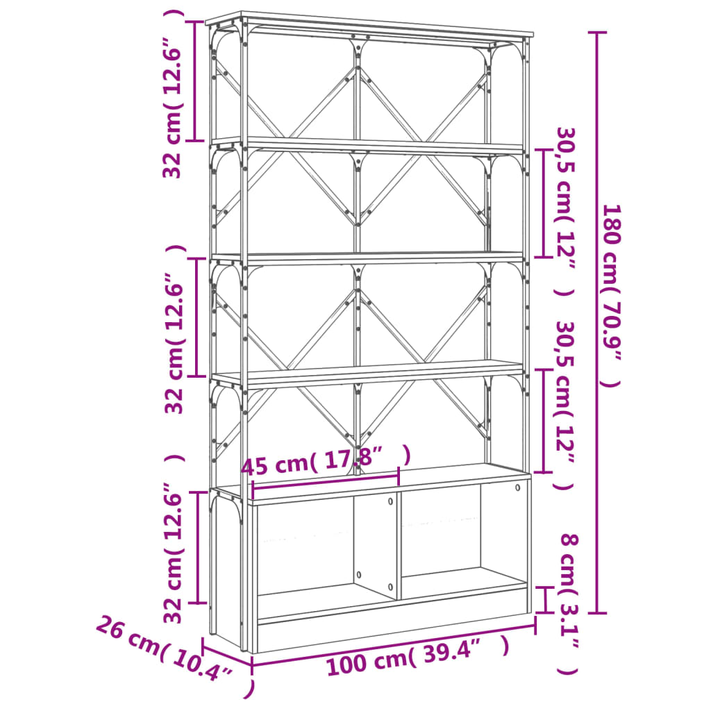 vidaXL Βιβλιοθήκη Sonoma Δρυς 100x26x180 εκ. Επεξεργ. Ξύλο & Μέταλλο