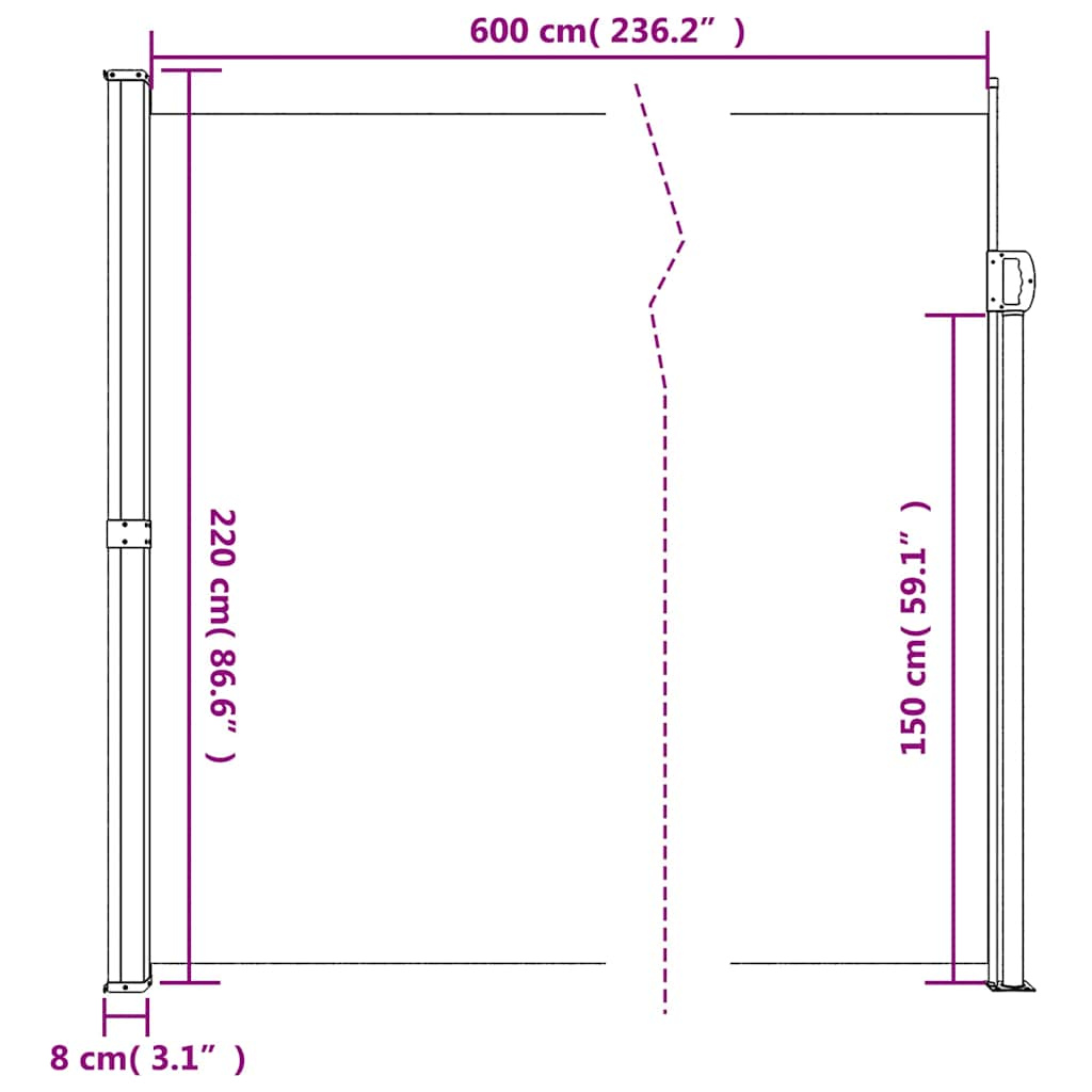 vidaXL Σκίαστρο Πλαϊνό Συρόμενο Λευκό 220 x 600 εκ.