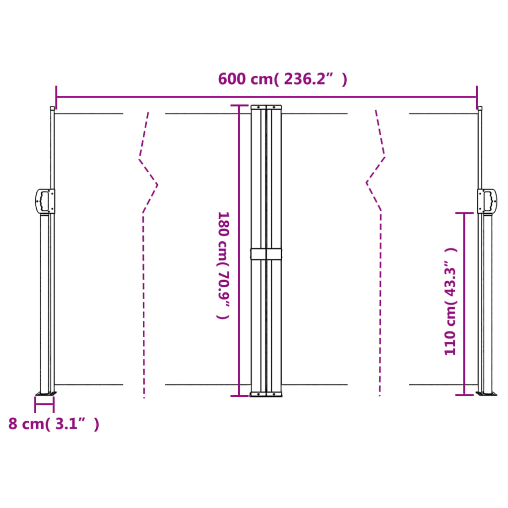 vidaXL Σκίαστρο Πλαϊνό Συρόμενο Μαύρο 180 x 600 εκ.