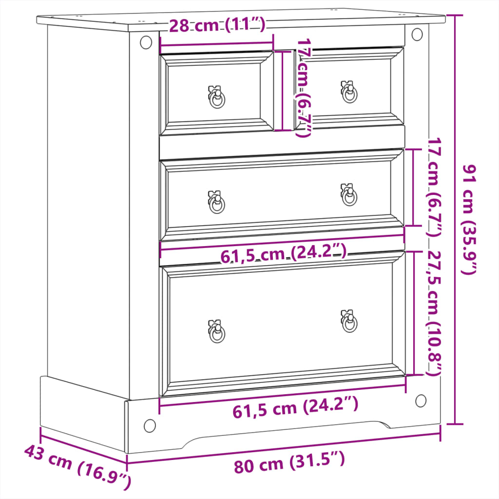 vidaXL Συρταριέρα Corona 80 x 43 x 91 εκ. από Μασίφ Ξύλο Πεύκου