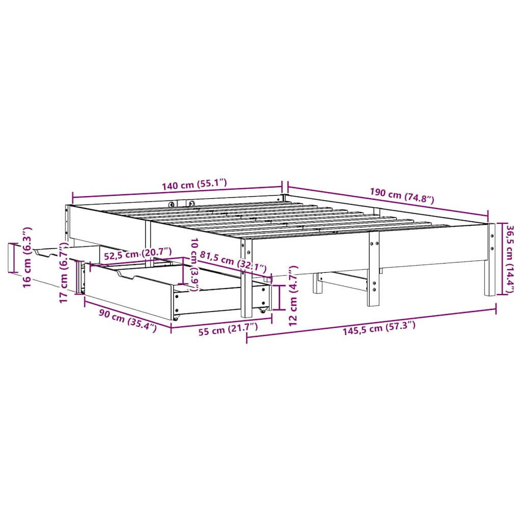 vidaXL Σκελετός Κρεβατιού Χωρίς Στρώμα Καφέ 140x190 Μασίφ Ξύλο Πεύκου