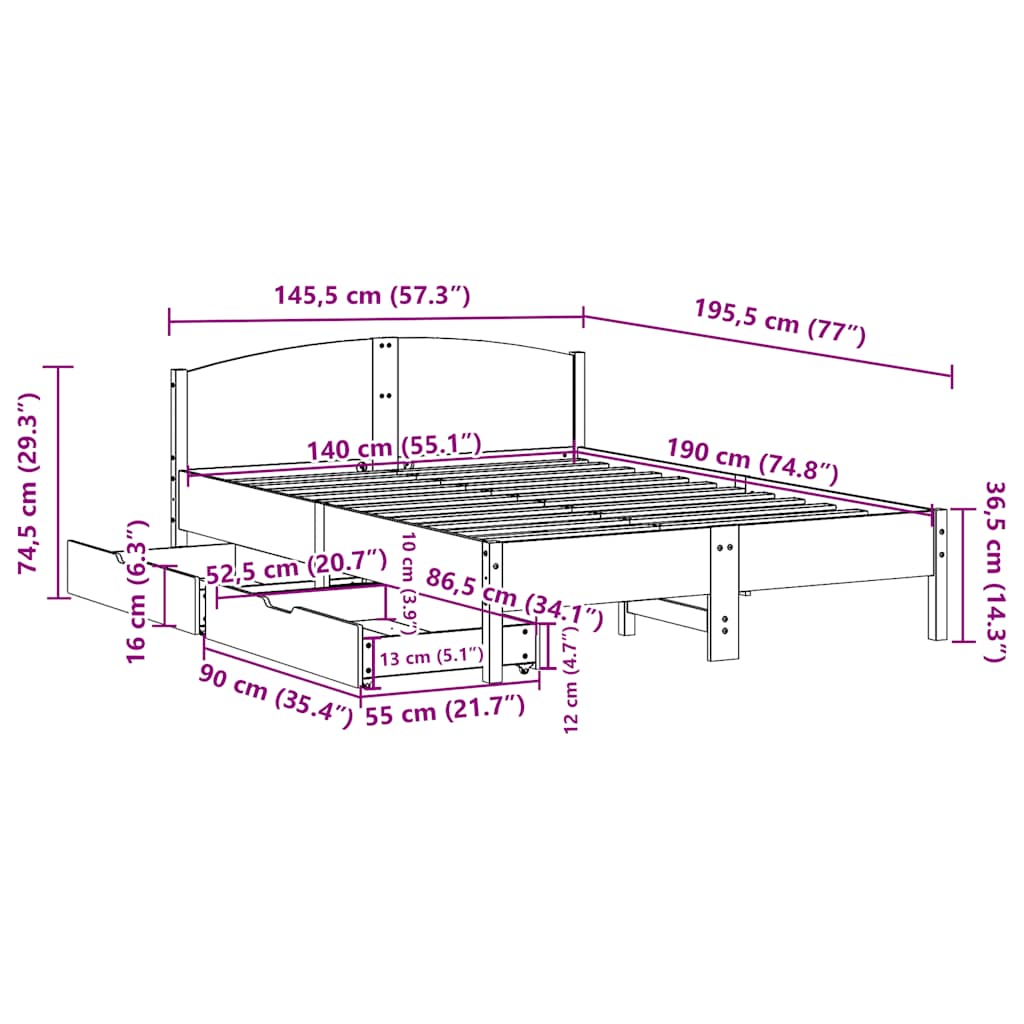 vidaXL Σκελετός Κρεβατιού Χωρίς Στρώμα Καφέ 140x190 Μασίφ Ξύλο Πεύκου