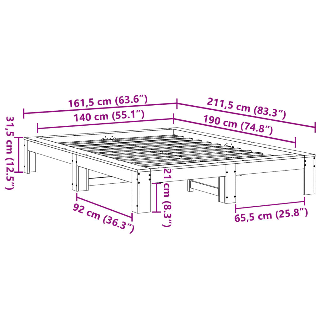 vidaXL Σκελετός Κρεβατιού Χωρίς Στρώμα Καφέ 140x190 Μασίφ Ξύλο Πεύκου