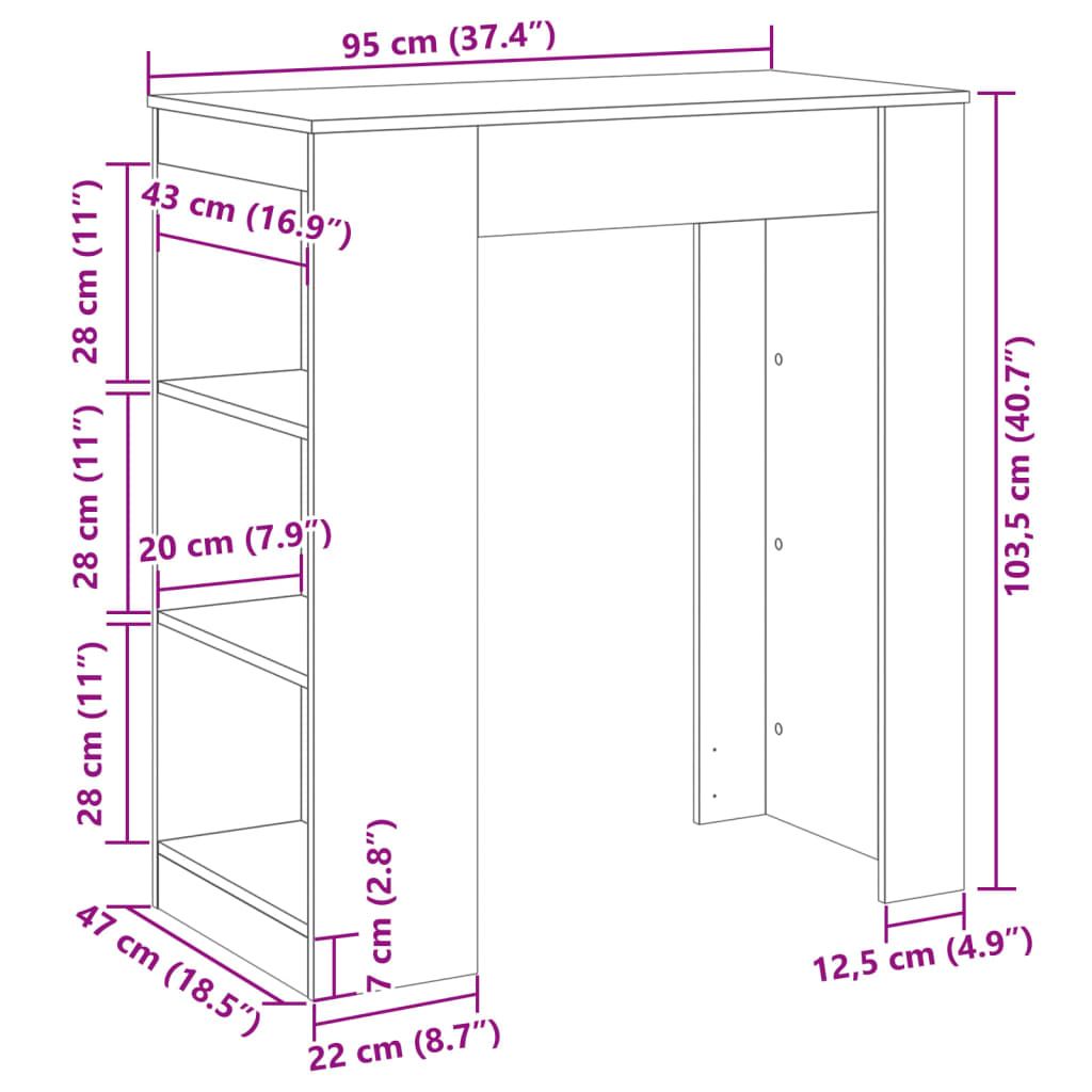 vidaXL Τραπέζι Μπαρ με Ράφια Μαύρο 95x47x103,5 εκ.