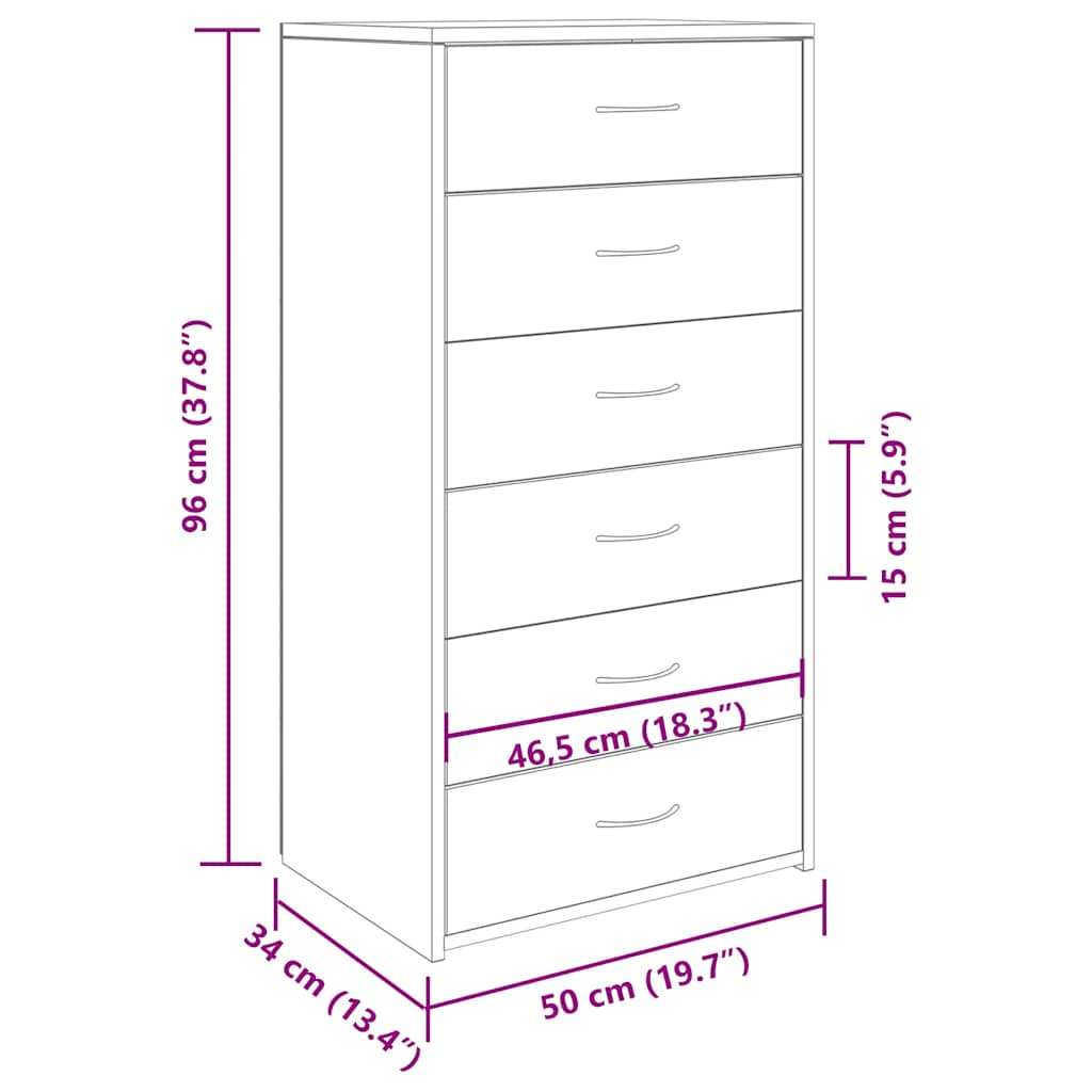 vidaXL Συρταριέρα με 6 Συρτάρια Τεχνίτης Δρυς 50x34x96 εκ. Μοριοσανίδα