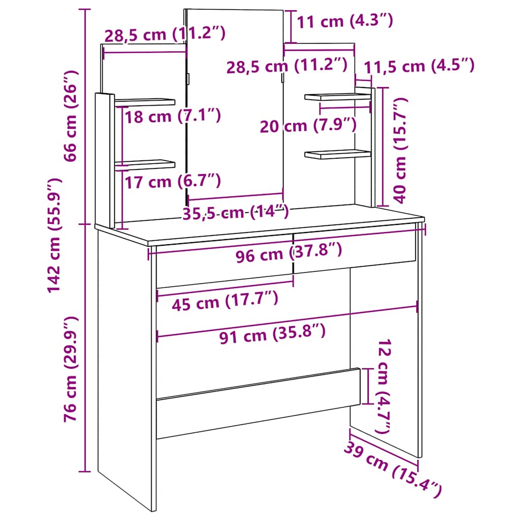 vidaXL Κομοδίνο με καθρέφτη Παλιό ξύλο 96x39x142 cm