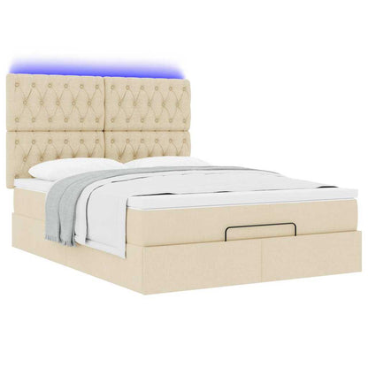 vidaXL Οθωμανικό κρεβάτι με στρώμα & LEDs Cream 140x190cm Ύφασμα