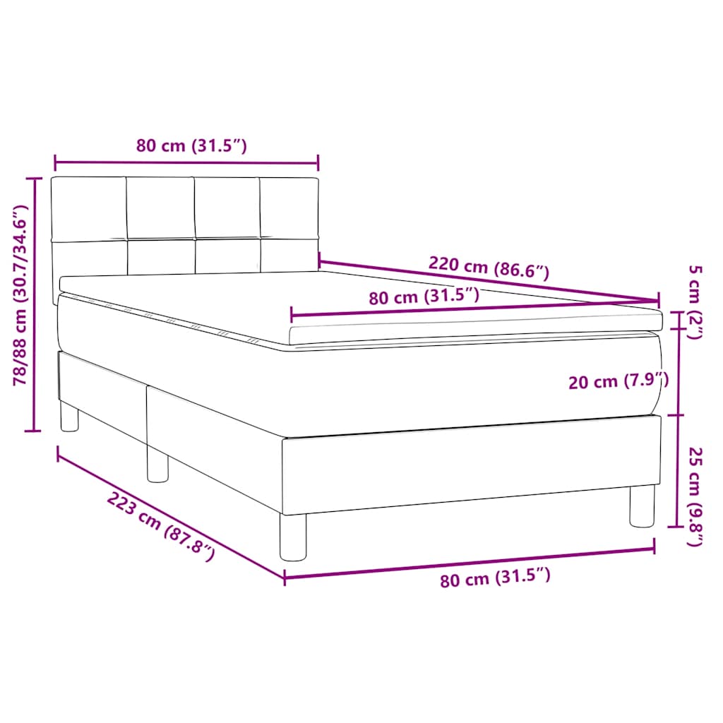 vidaXL Κρεβάτι Boxspring με Στρώμα Μαύρο 80x220 εκ. Βελούδινο