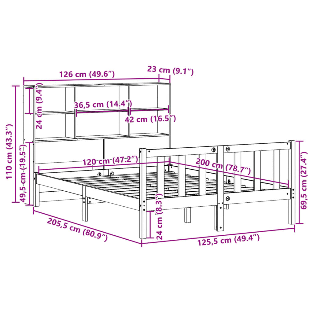 vidaXL Κρεβάτι Βιβλιοθήκη Χωρίς Στρώμα 120x200 εκ Μασίφ Ξύλο Πεύκο