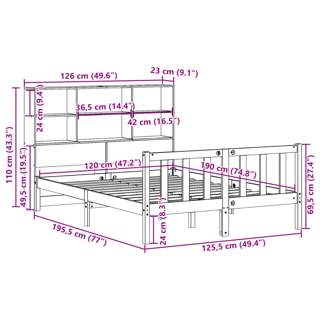 vidaXL Κρεβάτι Βιβλιοθήκη Χωρίς Στρώμα 120x190 εκ Μασίφ Ξύλο Πεύκου