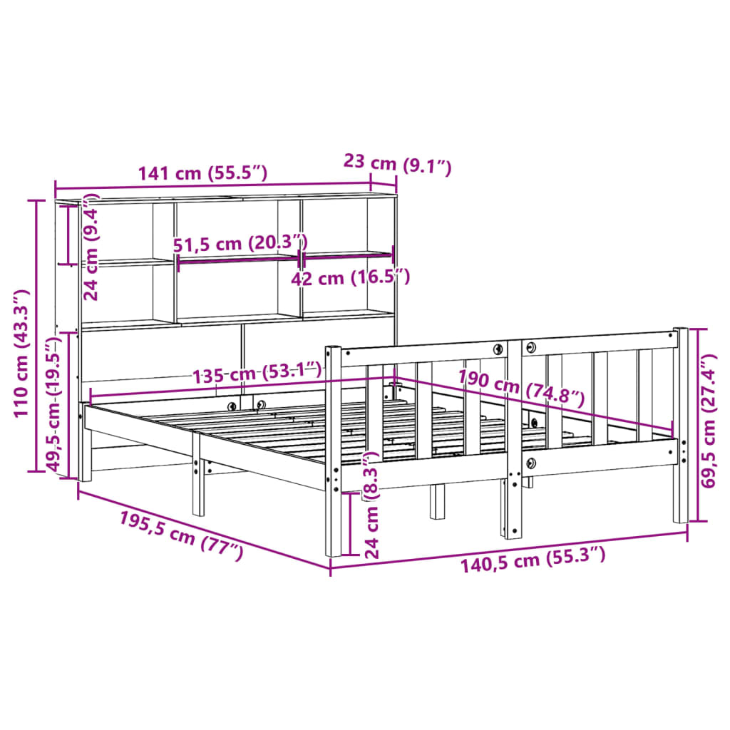 vidaXL Κρεβάτι Βιβλιοθήκη Χωρίς Στρώμα 135x190 εκ Μασίφ Ξύλο Πεύκου