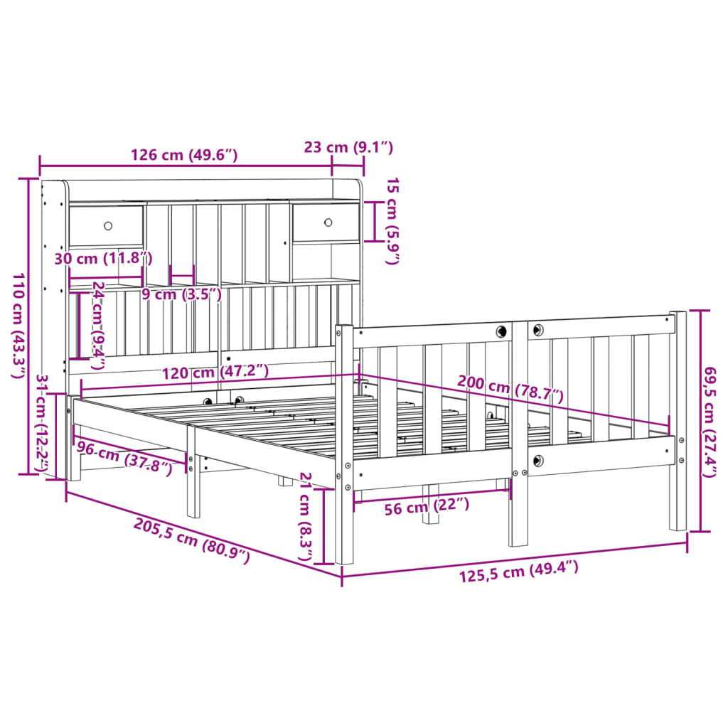 vidaXL Κρεβάτι Βιβλιοθήκη Χωρίς Στρώμα 120x200 εκ Μασίφ Ξύλο Πεύκο