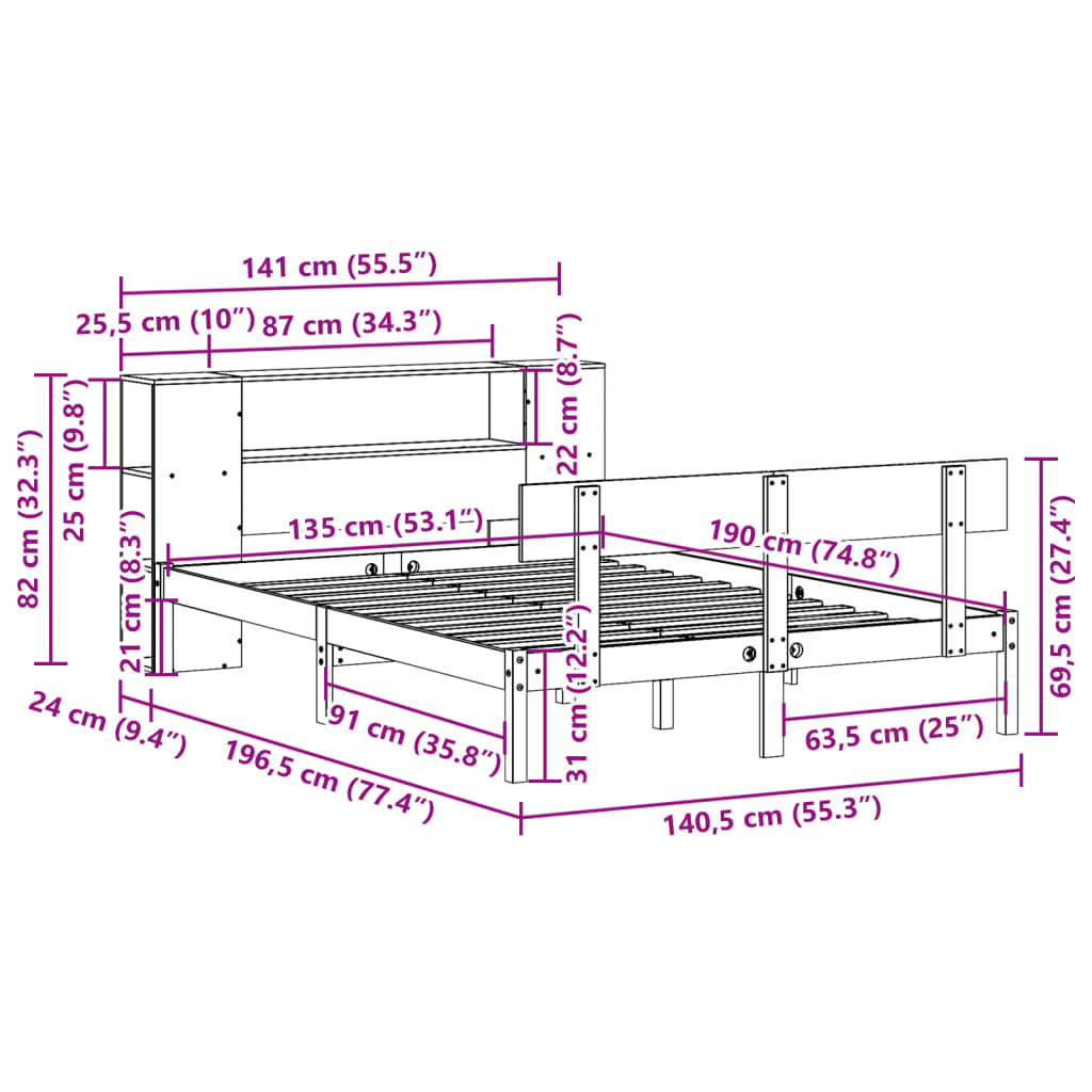 vidaXL Κρεβάτι Βιβλιοθήκη Χωρίς Στρώμα 135x190 εκ Μασίφ Ξύλο Πεύκου