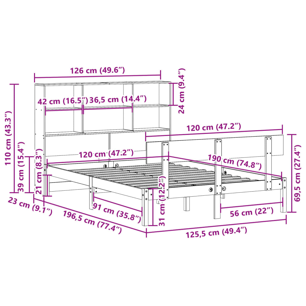 vidaXL Κρεβάτι Βιβλιοθήκη Χωρίς Στρώμα 120x190 εκ Μασίφ Ξύλο Πεύκου