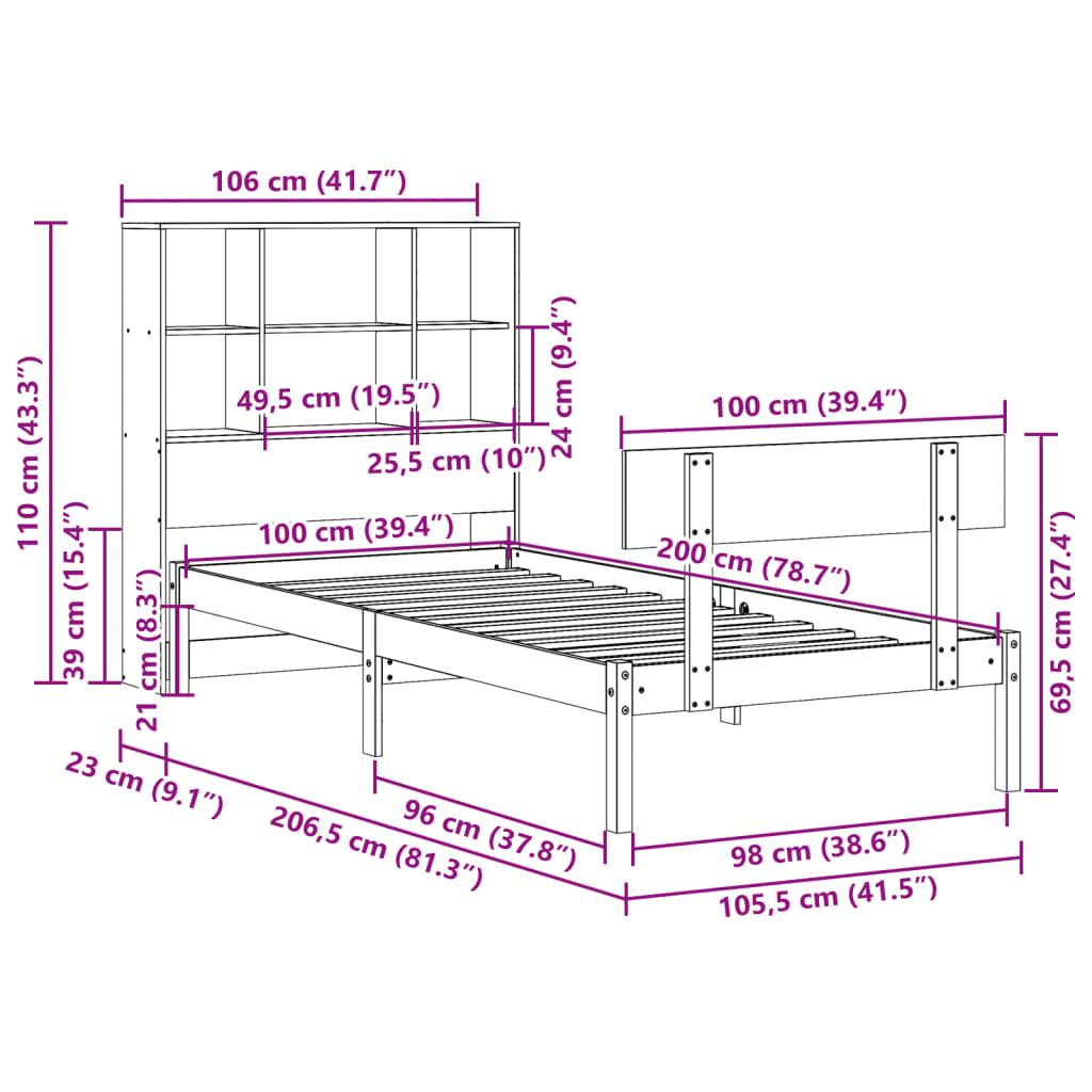 vidaXL Κρεβάτι Βιβλιοθήκη Χωρίς Στρώμα 100x200 εκ. Μασίφ Ξύλο Πεύκο