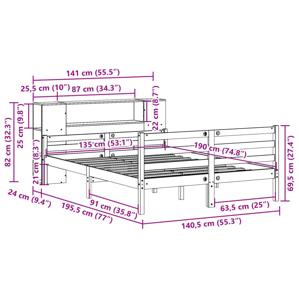 vidaXL Κρεβάτι Βιβλιοθήκη Χωρίς Στρώμα 135x190 εκ Μασίφ Ξύλο Πεύκου