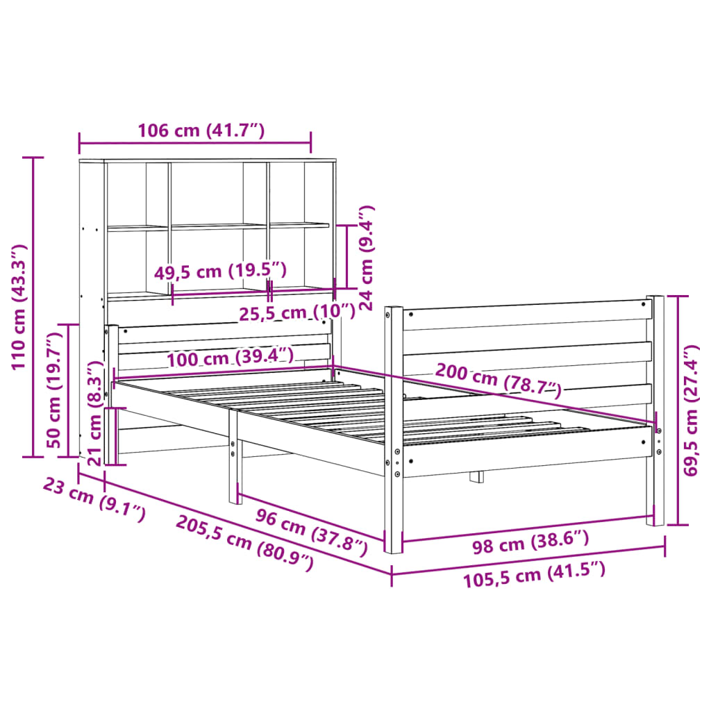 vidaXL Κρεβάτι Βιβλιοθήκη Χωρίς Στρώμα 100x200 εκ. Μασίφ Ξύλο Πεύκο