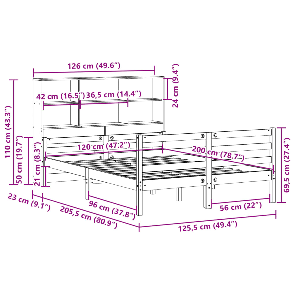 vidaXL Κρεβάτι Βιβλιοθήκη Χωρίς Στρώμα 120x200 εκ Μασίφ Ξύλο Πεύκο