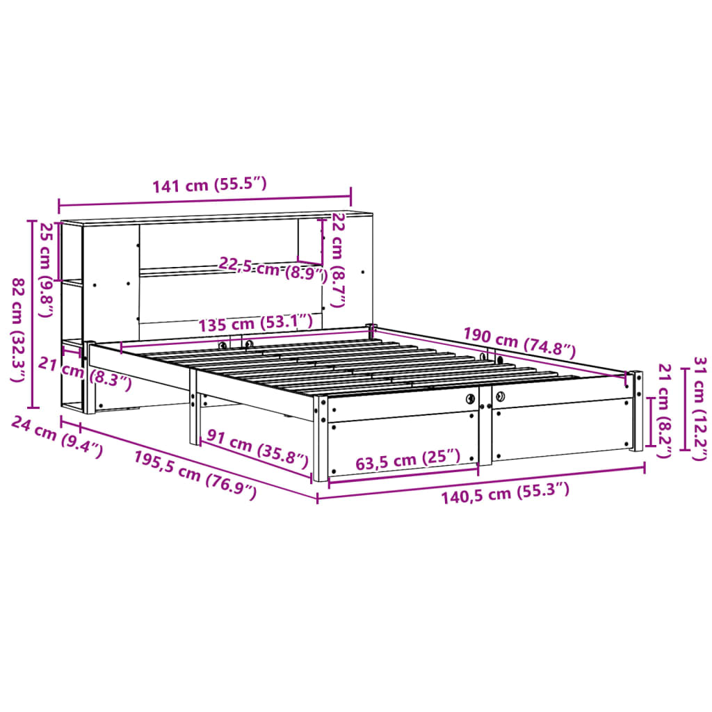 vidaXL Κρεβάτι Βιβλιοθήκη Χωρίς Στρώμα 135x190 εκ Μασίφ Ξύλο Πεύκου