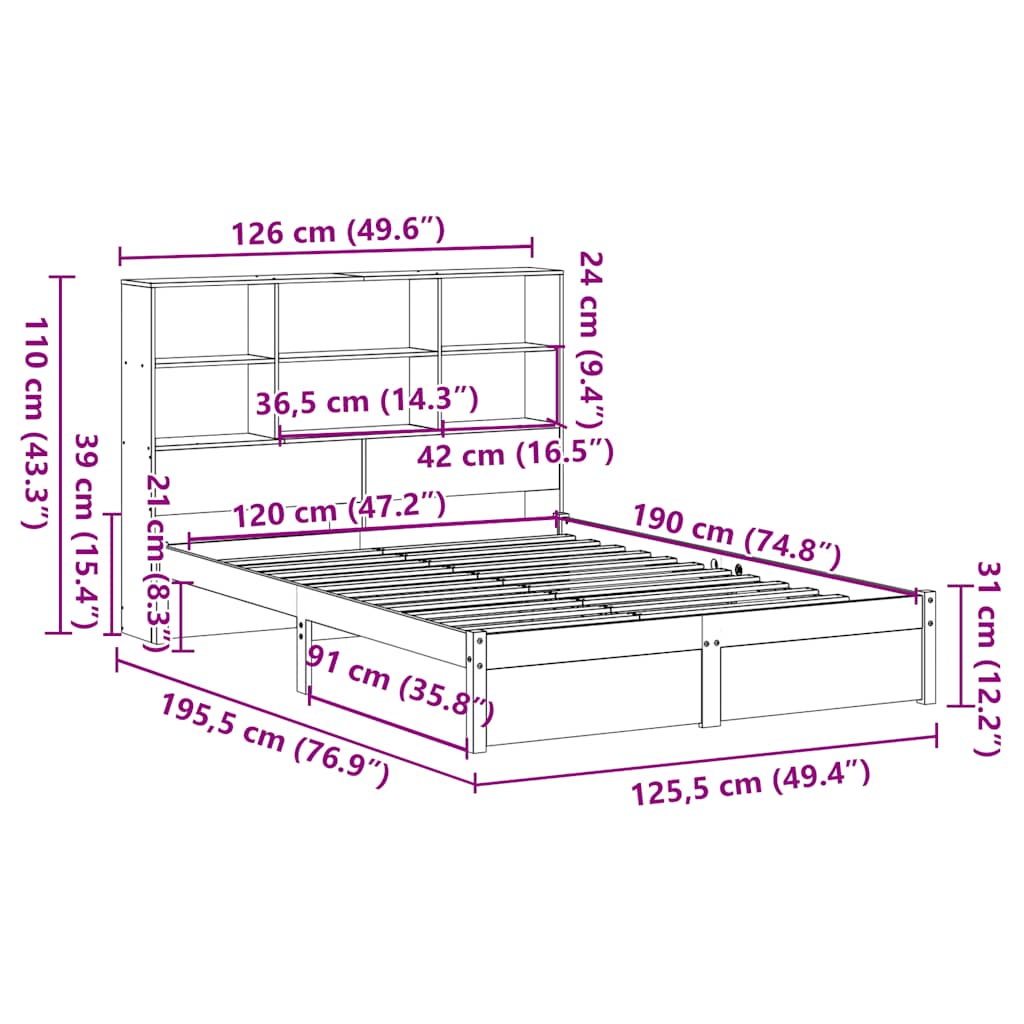 vidaXL Κρεβάτι Βιβλιοθήκη Χωρίς Στρώμα 120x190 εκ Μασίφ Ξύλο Πεύκου