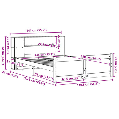 vidaXL Κρεβάτι Βιβλιοθήκη Χωρίς Στρώμα 135x190 εκ Μασίφ Ξύλο Πεύκου