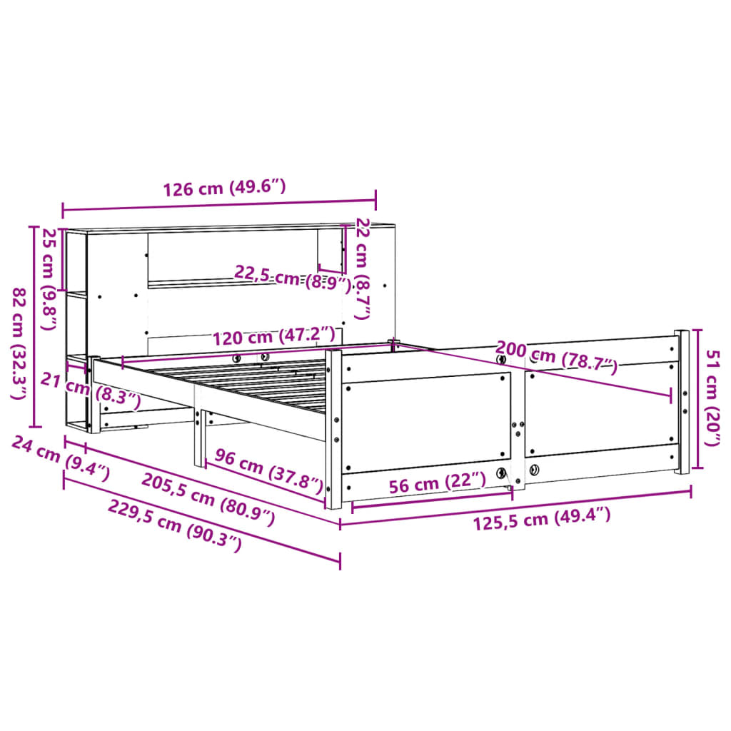 vidaXL Κρεβάτι Βιβλιοθήκη Χωρίς Στρώμα 120x200 εκ Μασίφ Ξύλο Πεύκο