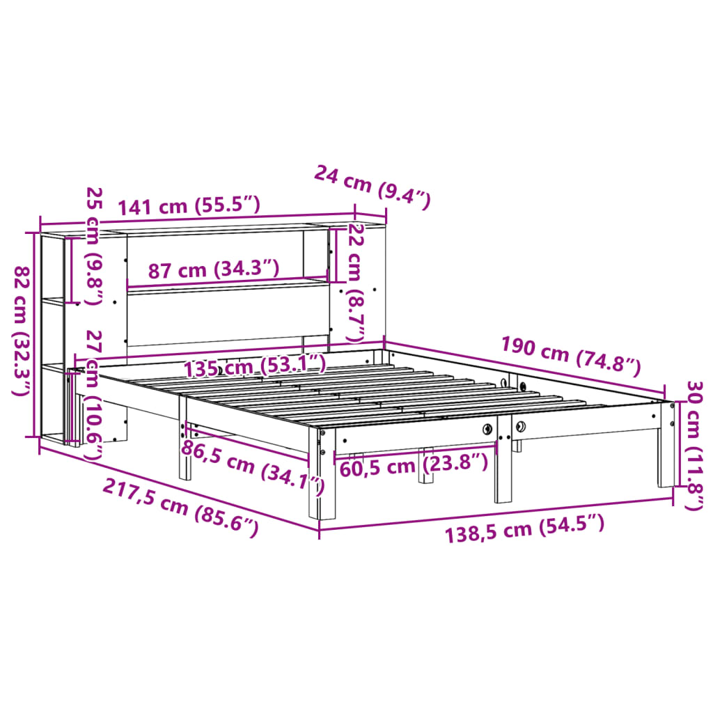 vidaXL Κρεβάτι Βιβλιοθήκη Χωρίς Στρώμα 135x190 εκ Μασίφ Ξύλο Πεύκου