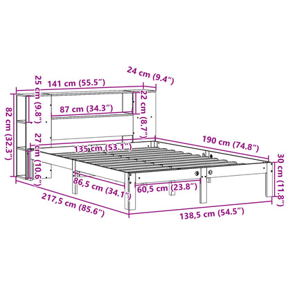 vidaXL Κρεβάτι Βιβλιοθήκη Χωρίς Στρώμα 135x190 εκ Μασίφ Ξύλο Πεύκου