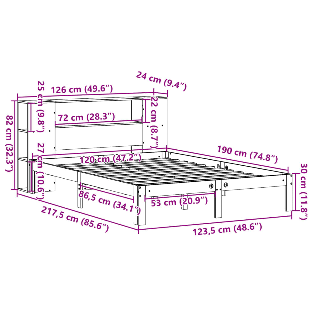 vidaXL Κρεβάτι Βιβλιοθήκη Χωρίς Στρώμα 120x190 εκ Μασίφ Ξύλο Πεύκου