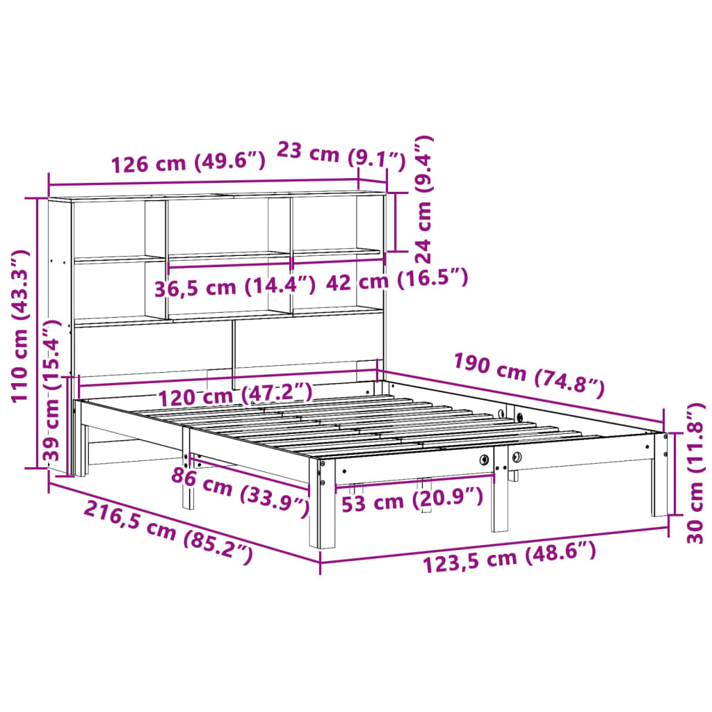 vidaXL Κρεβάτι Βιβλιοθήκη Χωρίς Στρώμα 120x190 εκ Μασίφ Ξύλο Πεύκου