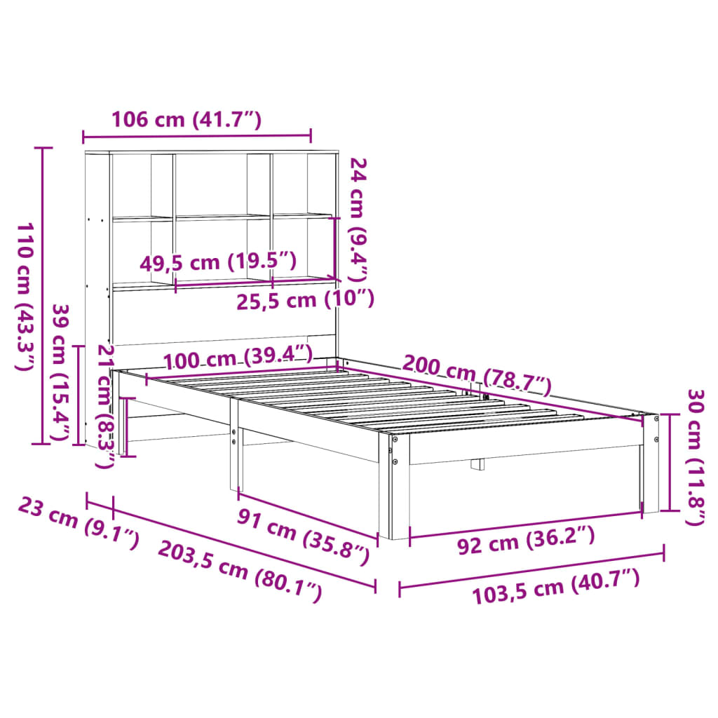 vidaXL Κρεβάτι Βιβλιοθήκη Χωρίς Στρώμα 100x200 εκ Μασίφ Ξύλο Πεύκου