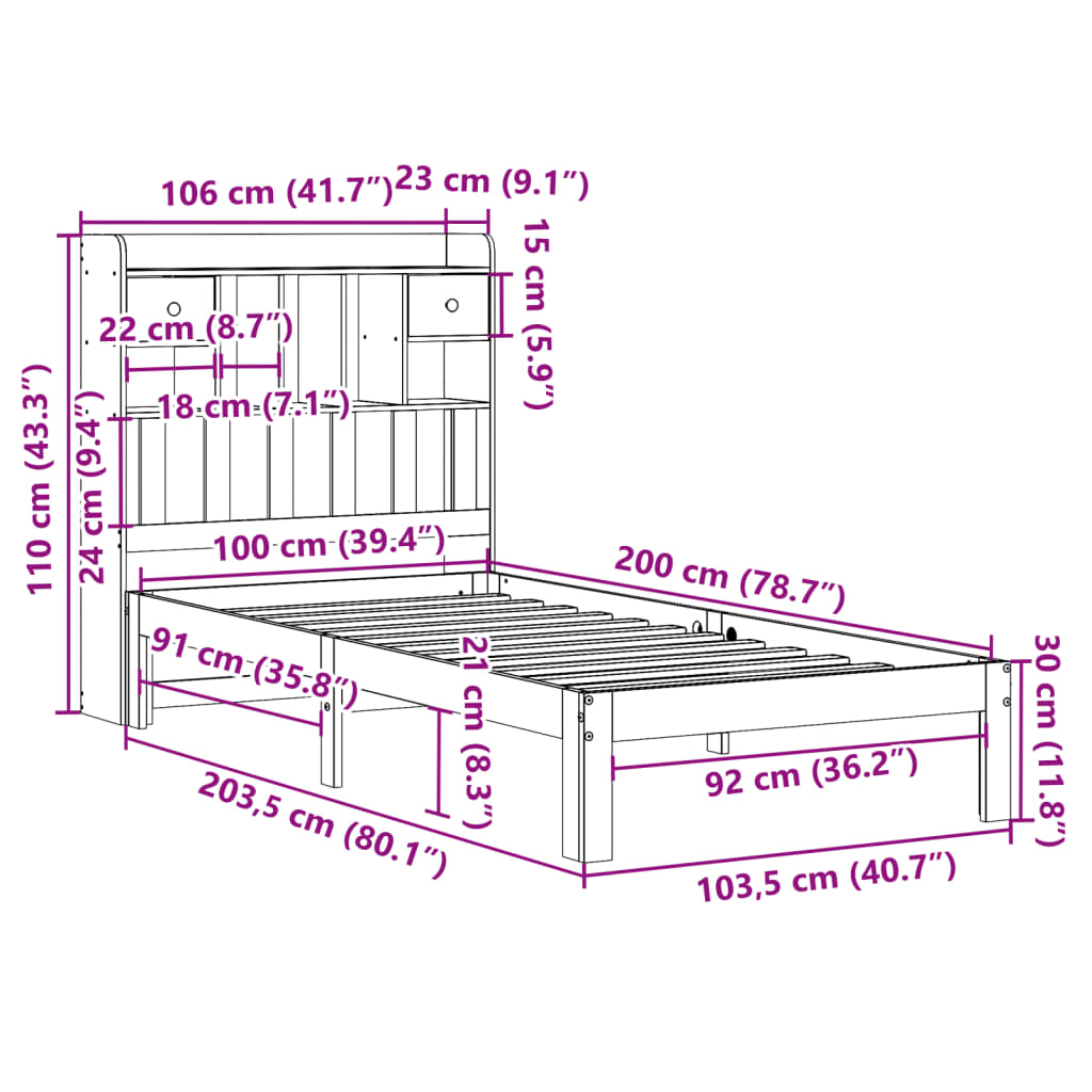 vidaXL Κρεβάτι Βιβλιοθήκη Χωρίς Στρώμα 100x200 εκ. Μασίφ Ξύλο Πεύκο