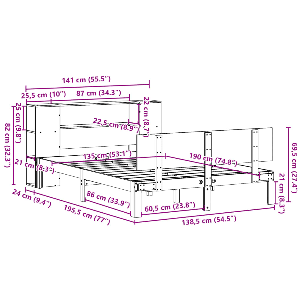 vidaXL Κρεβάτι Βιβλιοθήκη Χωρίς Στρώμα 135x190 εκ Μασίφ Ξύλο Πεύκου