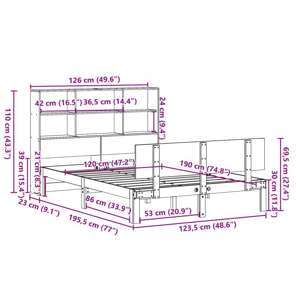 vidaXL Κρεβάτι Βιβλιοθήκη Χωρίς Στρώμα 120x190 εκ Μασίφ Ξύλο Πεύκου