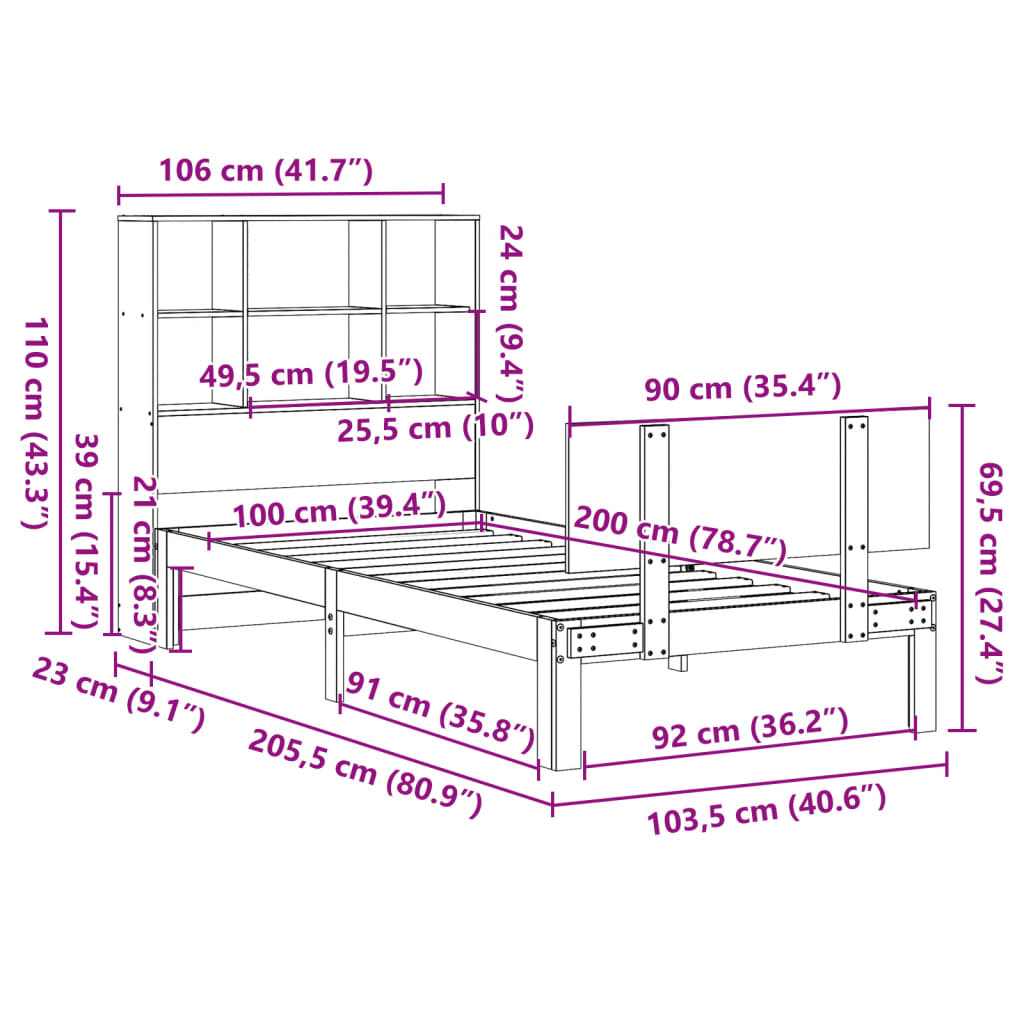 vidaXL Κρεβάτι Βιβλιοθήκη Χωρίς Στρώμα 100x200 εκ. Μασίφ Ξύλο Πεύκο