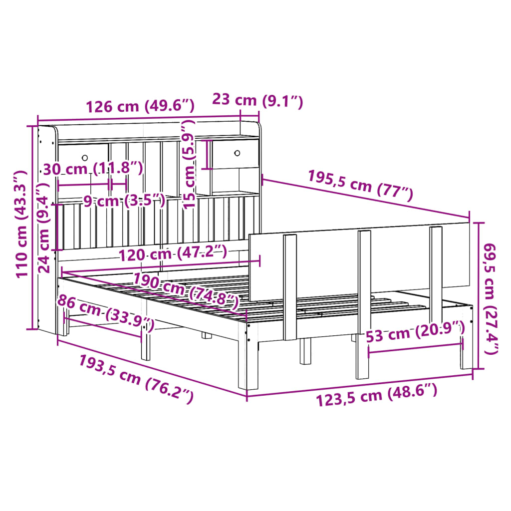 vidaXL Κρεβάτι Βιβλιοθήκη Χωρίς Στρώμα 120x190 εκ Μασίφ Ξύλο Πεύκου