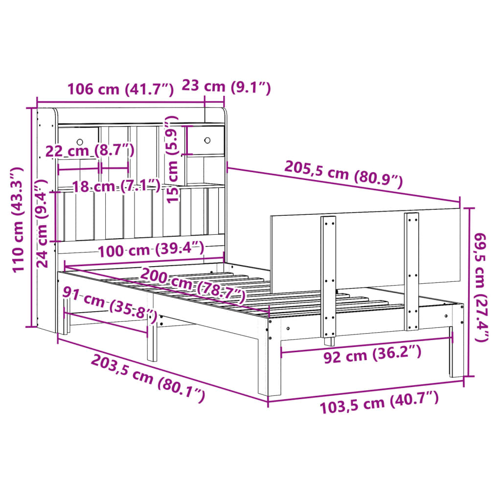 vidaXL Κρεβάτι Βιβλιοθήκη Χωρίς Στρώμα 100x200 εκ Μασίφ Ξύλο Πεύκου