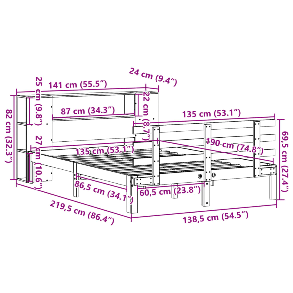 vidaXL Κρεβάτι Βιβλιοθήκη Χωρίς Στρώμα 135x190 εκ Μασίφ Ξύλο Πεύκου