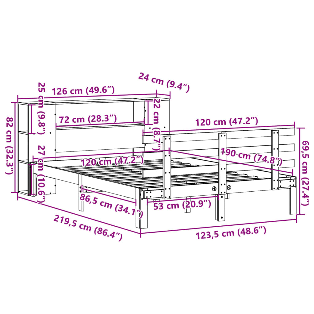 vidaXL Κρεβάτι Βιβλιοθήκη Χωρίς Στρώμα 120x190 εκ Μασίφ Ξύλο Πεύκου