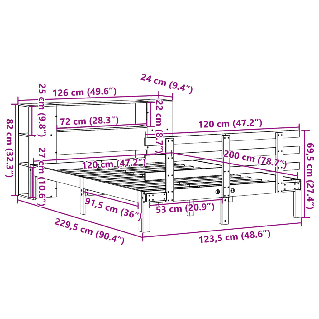 vidaXL Κρεβάτι Βιβλιοθήκη Χωρίς Στρώμα 120x200 εκ Μασίφ Ξύλο Πεύκου