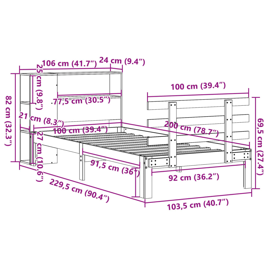 vidaXL Κρεβάτι Βιβλιοθήκη Χωρίς Στρώμα 100x200 εκ Μασίφ Ξύλο Πεύκου