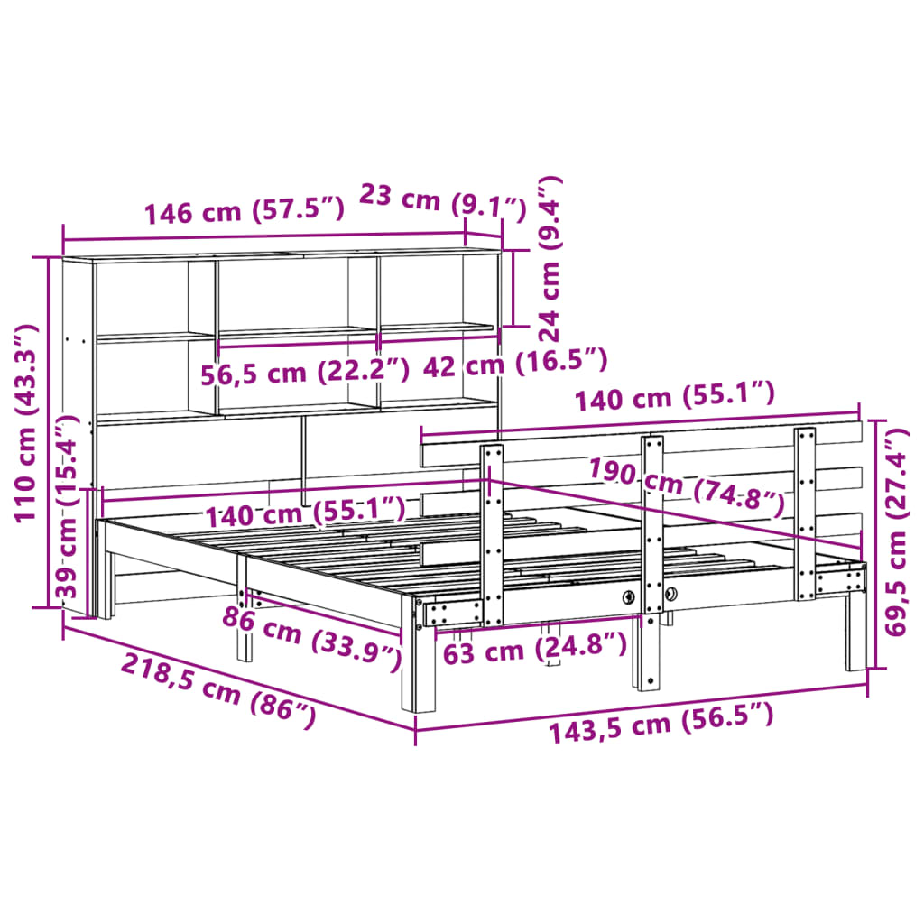 vidaXL Κρεβάτι Βιβλιοθήκη Χωρίς Στρώμα 140x190 εκ Μασίφ Ξύλο Πεύκου