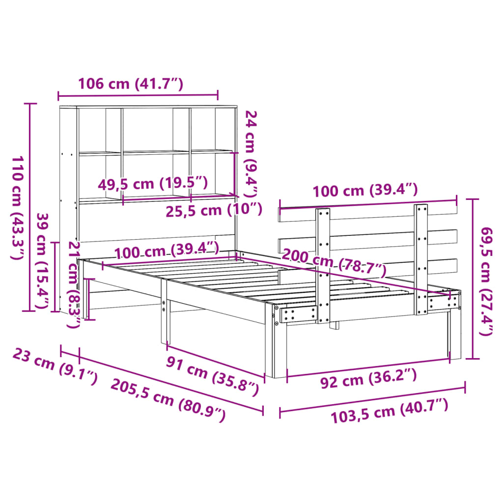 vidaXL Κρεβάτι Βιβλιοθήκη Χωρίς Στρώμα 100x200 εκ Μασίφ Ξύλο Πεύκου