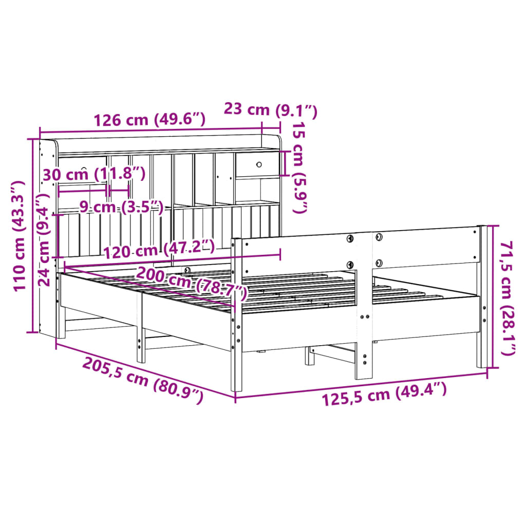 vidaXL Κρεβάτι Βιβλιοθήκη Χωρίς Στρώμα 120x200 εκ Μασίφ Ξύλο Πεύκο