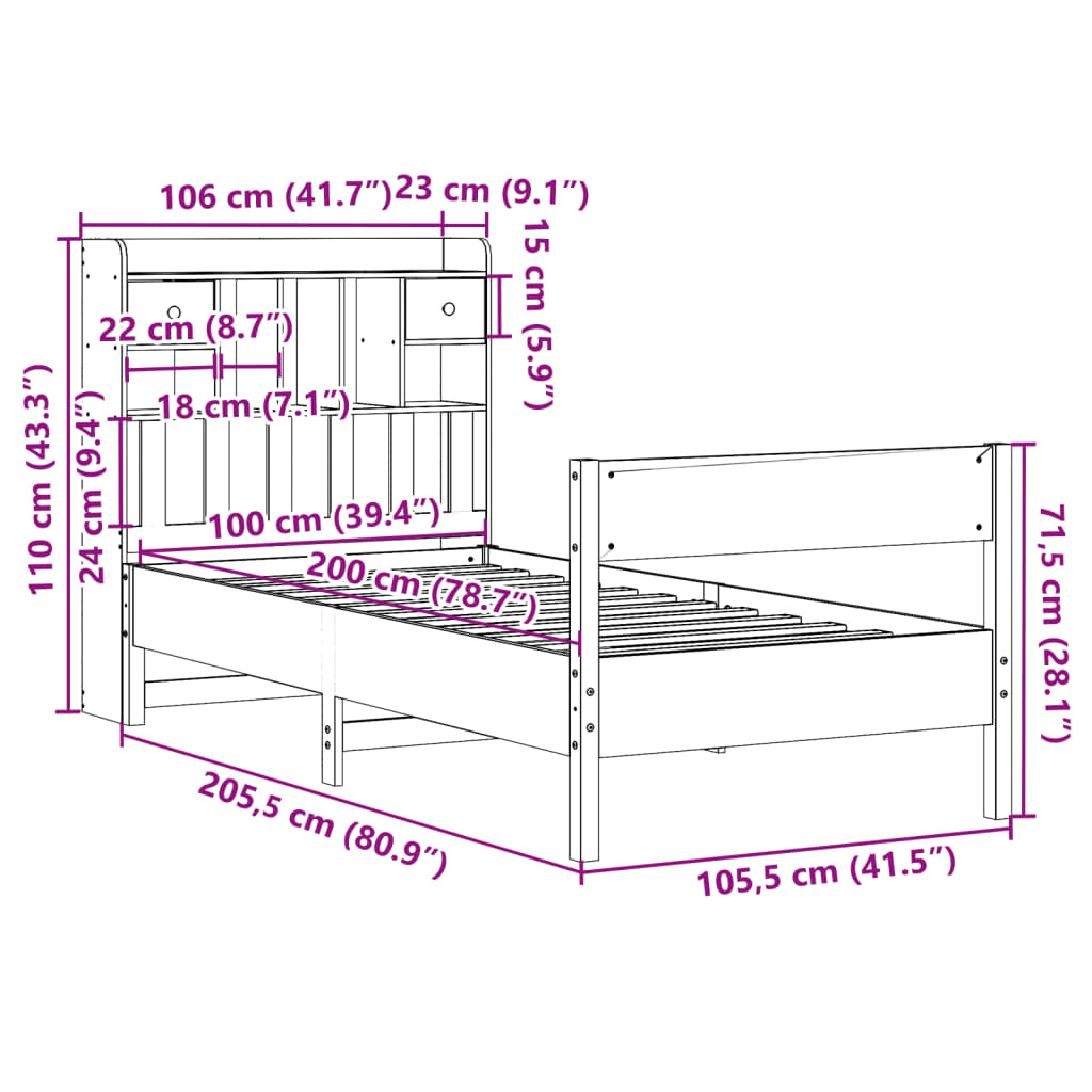 vidaXL Κρεβάτι Βιβλιοθήκη Χωρίς Στρώμα 100x200 εκ Μασίφ Ξύλο Πεύκου