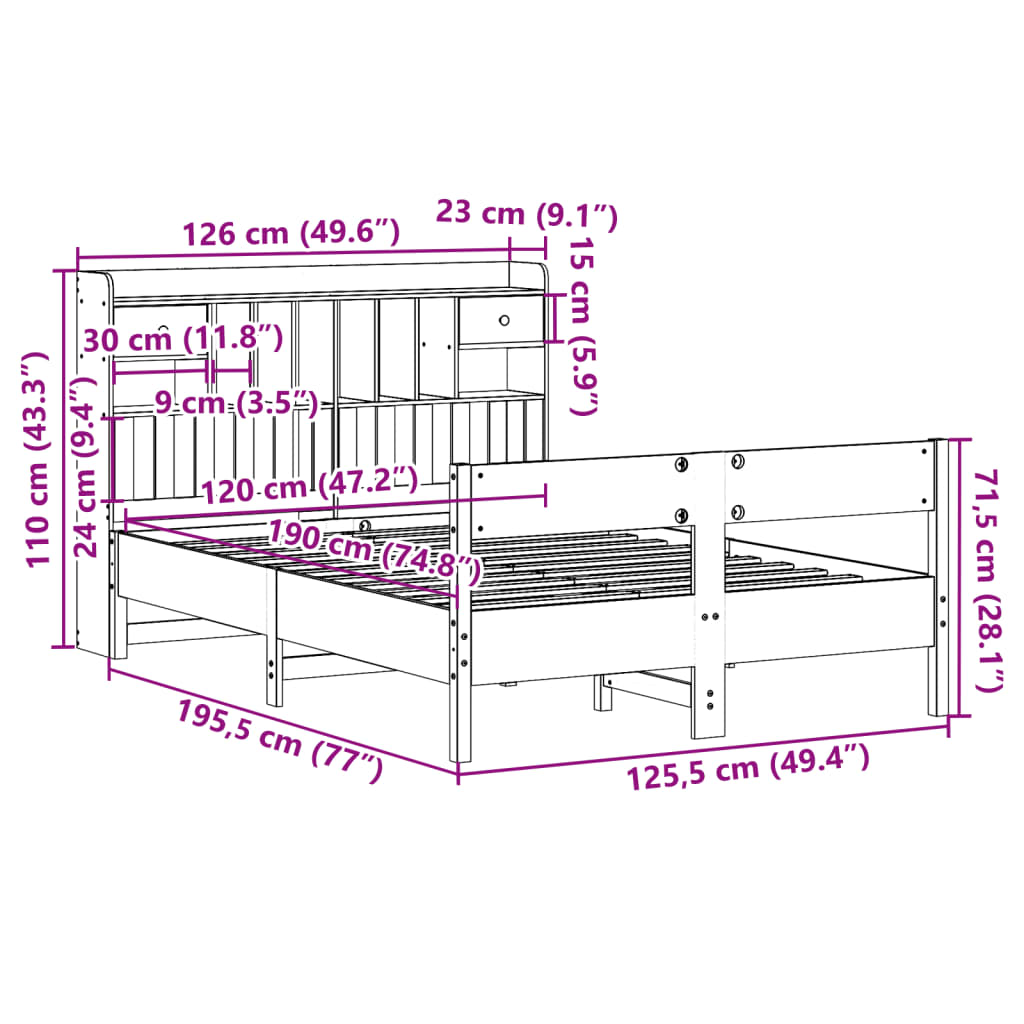 vidaXL Κρεβάτι Βιβλιοθήκη Χωρίς Στρώμα 120x190 εκ Μασίφ Ξύλο Πεύκου