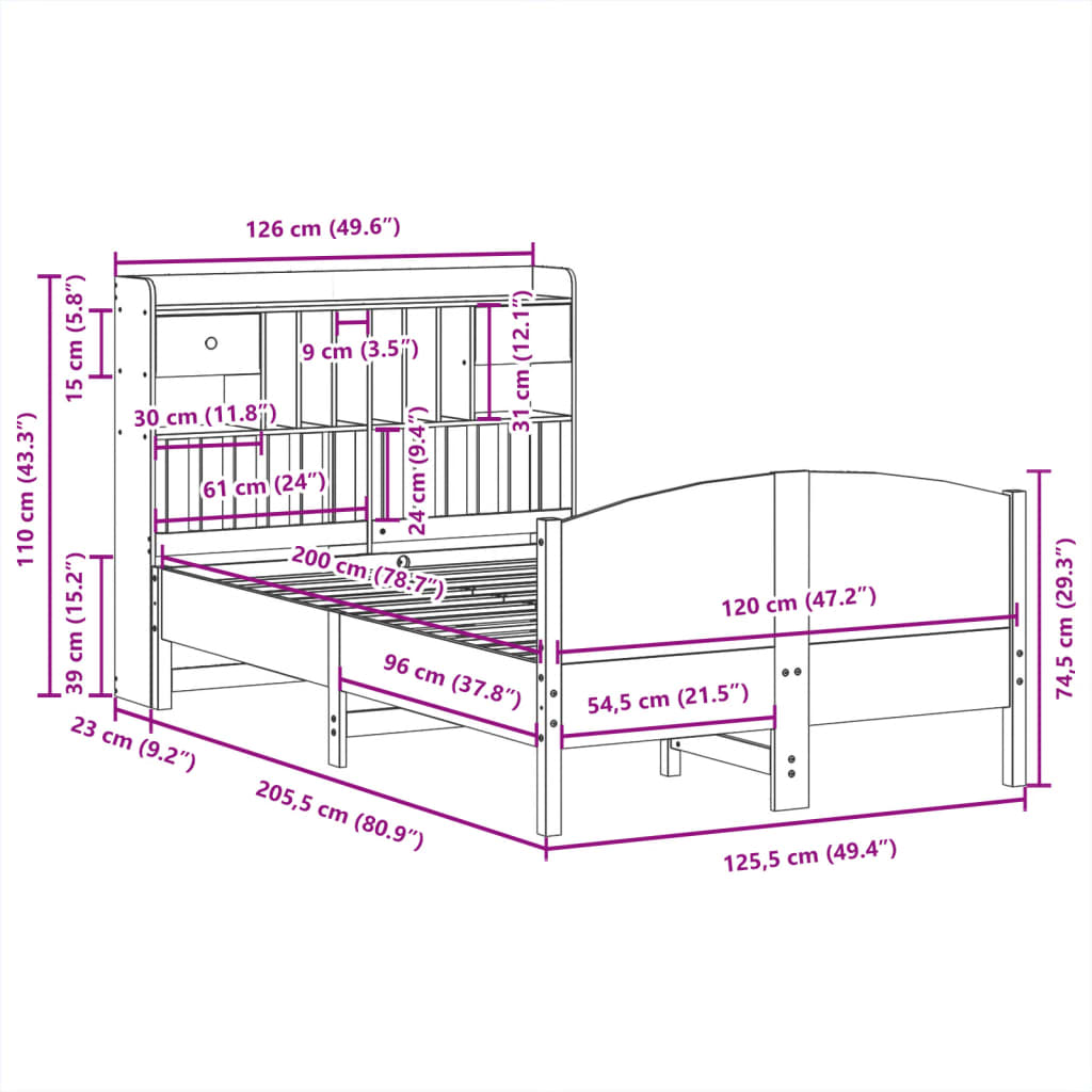 vidaXL Κρεβάτι Βιβλιοθήκη Χωρίς Στρώμα 120x200 εκ Μασίφ Ξύλο Πεύκο