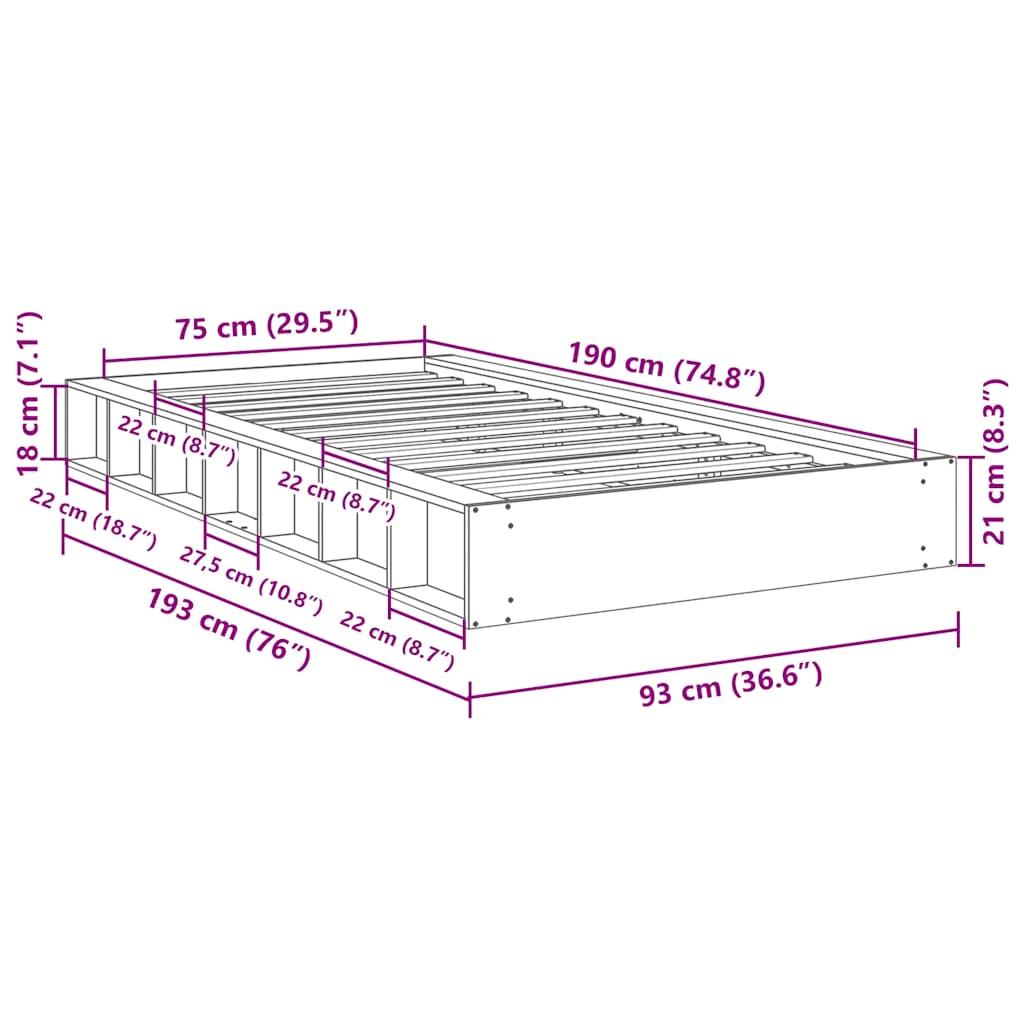 Πλαίσιο κρεβατιού vidaXL χωρίς στρώμα 75x190 cm μασίφ ξύλο δρυς