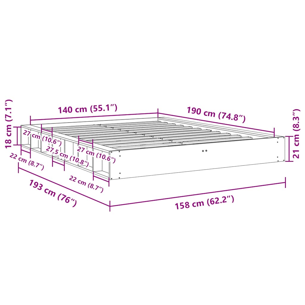 Πλαίσιο κρεβατιού vidaXL χωρίς στρώμα 140x190 cm μασίφ ξύλο δρυς